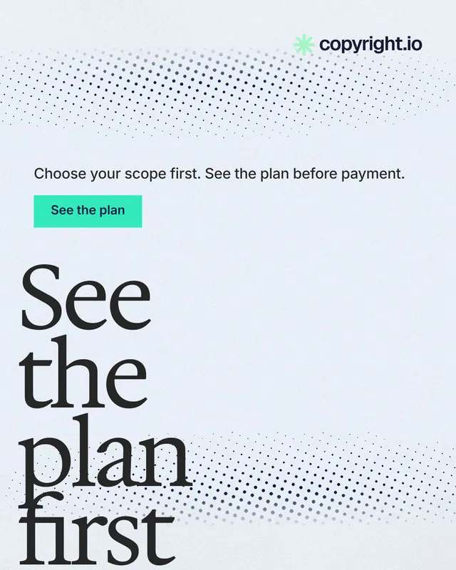 Instagram portrait post for copyright.io: "See the plan first." Swiss style, oversized layout, light palette in white, blue, grey.