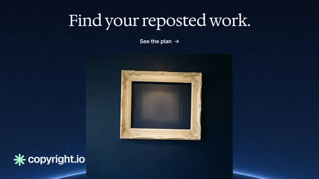 Landscape graphic for copyright.io: "Find your reposted work." Agentic glass style, ogui layout, dark palette in black, blue, grey.