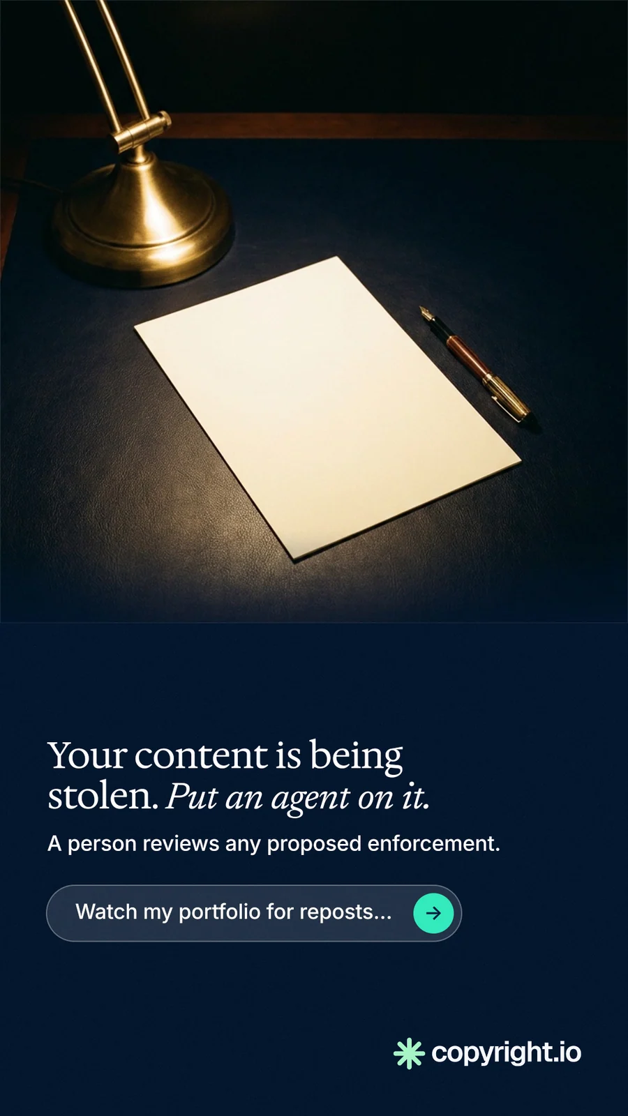Instagram story for copyright.io: "Your content is being stolen. Put an agent on it." Agentic glass style, bottom layout, dark palette in black, grey.