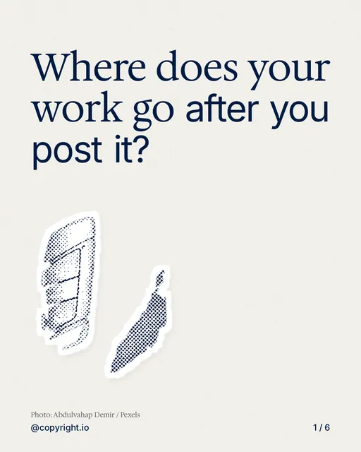 Carousel for copyright.io: "Where does your work go after you post it?". Cutout essay, 6 slides, light palette.