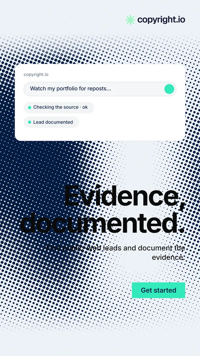 Instagram story for copyright.io: "Evidence, documented." Swiss style, right layout, light palette in white, blue.