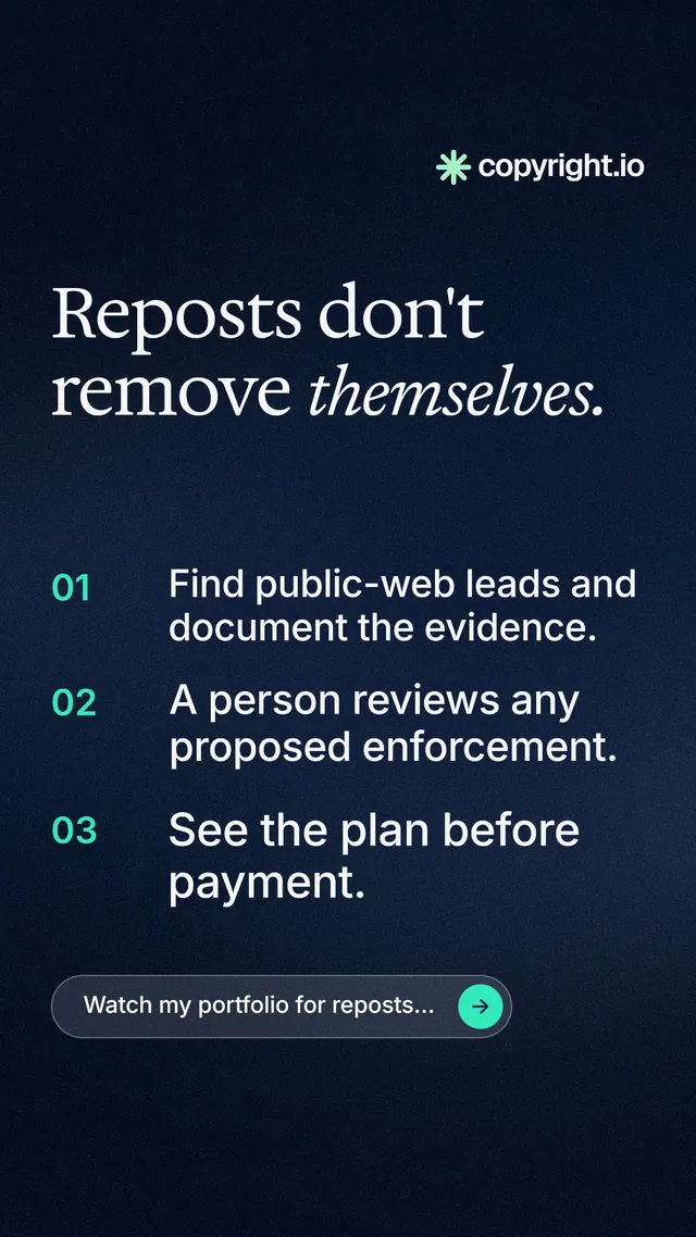 Instagram story for copyright.io: "Reposts don't remove themselves." Agentic glass style, numbered layout, dark palette in blue, black.