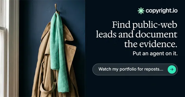 Social ad for copyright.io: "Find public-web leads and document the evidence." Agentic glass style, right layout, dark palette in black, grey.