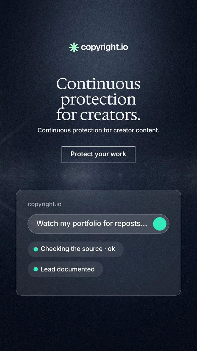 Instagram story for copyright.io: "Continuous protection for creators." Dark deco style, centred layout, dark palette in black, blue, grey.