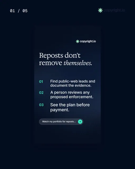 Video for copyright.io. Ad flipbook, 7.5 s, dark palette.