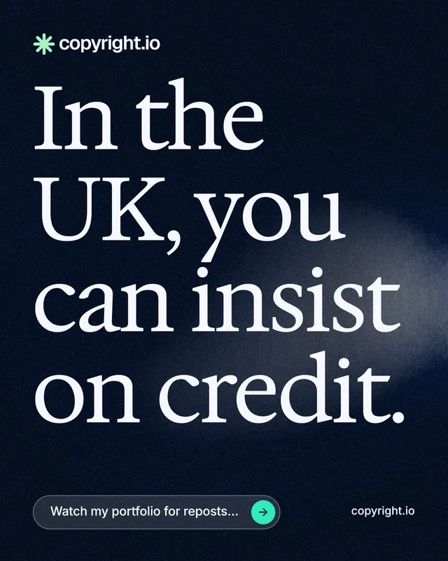 Instagram portrait post for copyright.io: "In the UK, you can insist on credit." Thermal style, poster layout, dark palette in black, grey.