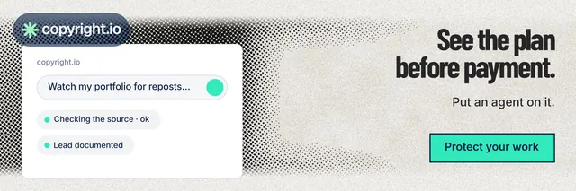 X header for copyright.io: "See the plan before payment." Ink sticker style, right layout, light palette in white, grey, green.