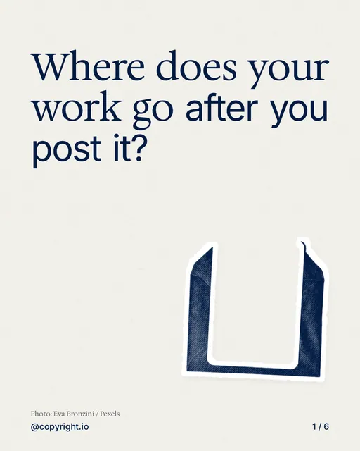 Carousel for copyright.io: "Where does your work go after you post it?". Cutout essay, 6 slides, light palette.