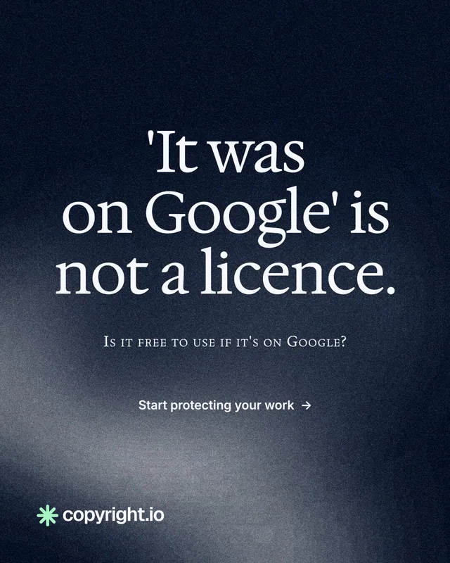 Instagram portrait post for copyright.io: "'It was on Google' is not a licence." Cyanotype style, smallcaps layout, dark palette in grey, blue, black.