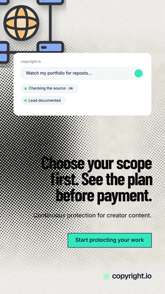 Instagram story for copyright.io: "Choose your scope first. See the plan before payment." Ink sticker style, right layout, light palette in white, grey.