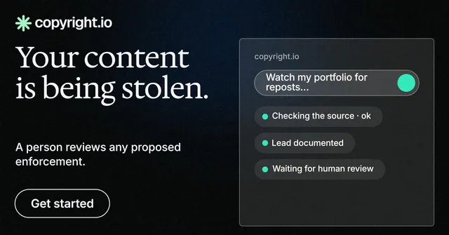 Social ad for copyright.io: "Your content is being stolen." Phosphor atlas style, bottom layout, dark palette in black, grey.