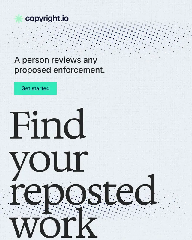 Instagram portrait post for copyright.io: "Find your reposted work." Swiss style, oversized layout, light palette in white, blue, grey.