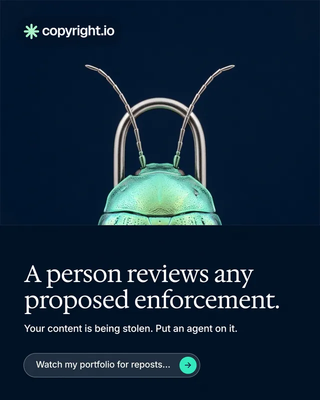 Instagram portrait post for copyright.io: "A person reviews any proposed enforcement." Agentic glass style, bottom layout, dark palette in black, grey, blue.
