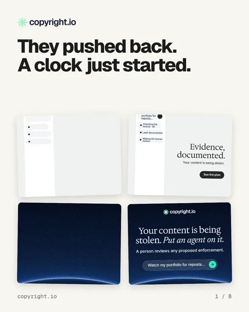 Carousel for copyright.io: "They pushed back. A clock just started.". Collection carousel, 8 slides, light palette.