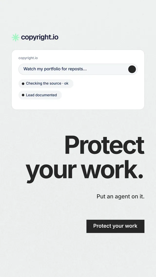 Instagram story for copyright.io: "Protect your work." Swiss style, right layout, light palette in white, grey.