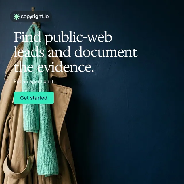 Video for copyright.io: "Find public-web leads and document the evidence.". Doc motion loop, 8.0 s, dark palette.