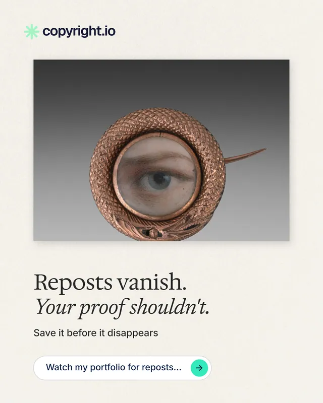 Instagram portrait post for copyright.io: "Reposts vanish. Your proof shouldn't." Agentic glass style, bottom layout, light palette in white, grey.