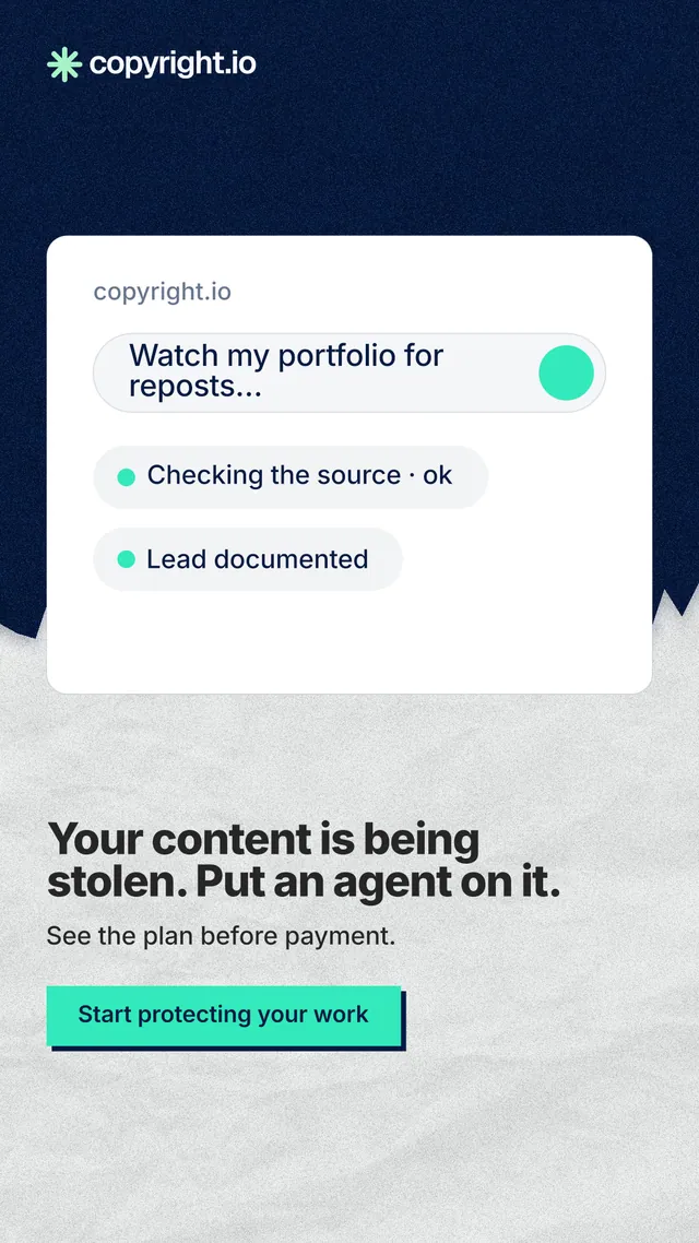 Instagram story for copyright.io: "Your content is being stolen. Put an agent on it." Paper trio style, bottom layout, light palette in white, blue, grey.
