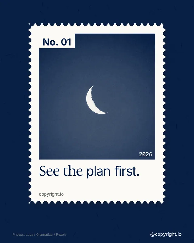 Instagram portrait post for copyright.io: "See the plan first." Single style, technique:stamp series layout, dark palette in blue, grey.
