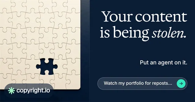 Social ad for copyright.io: "Your content is being stolen." Agentic glass style, right layout, dark palette in blue, yellow, grey.