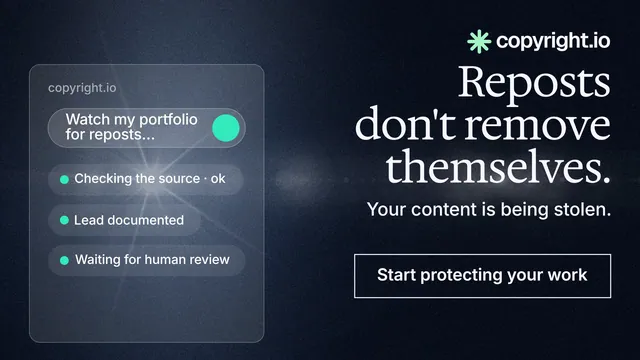 Landscape graphic for copyright.io: "Reposts don't remove themselves." Dark deco style, right layout, dark palette in blue, black, grey.