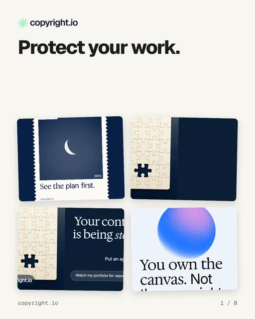 Carousel for copyright.io: "Protect your work.". Collection carousel, 8 slides, light palette.