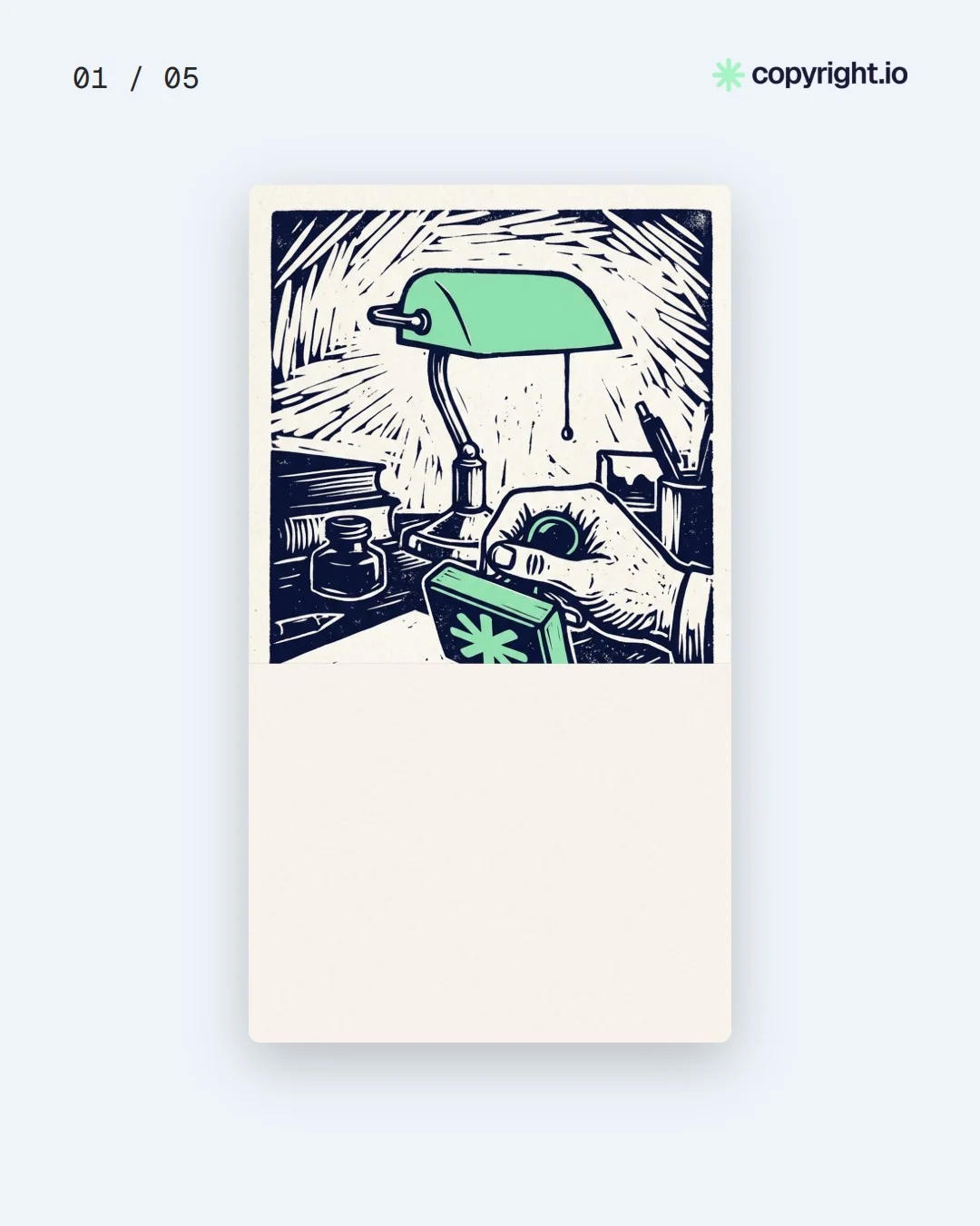 Video for copyright.io. Ad flipbook, 7.5 s, light palette.