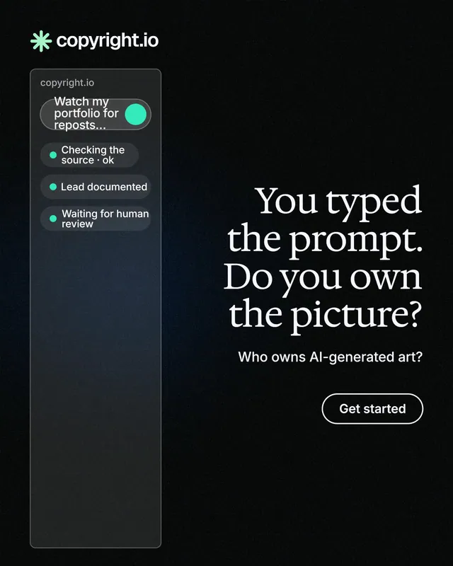 Instagram portrait post for copyright.io: "You typed the prompt. Do you own the picture?" Phosphor atlas style, right layout, dark palette in black.