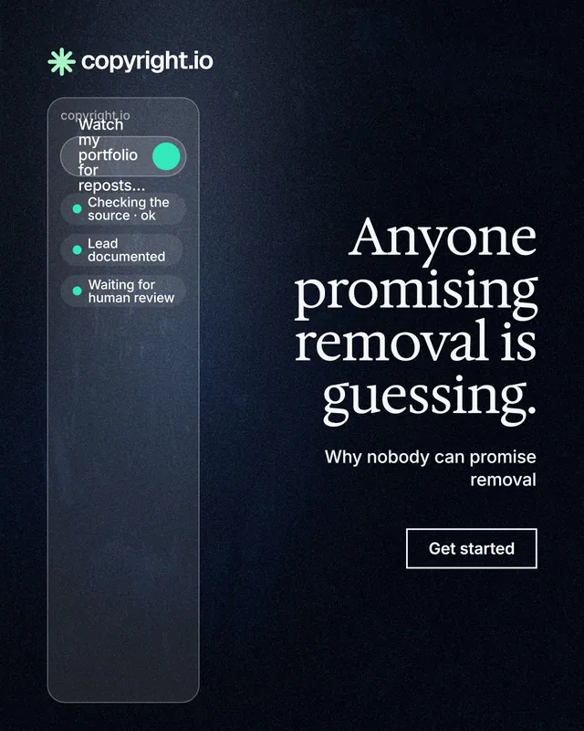 Instagram portrait post for copyright.io: "Anyone promising removal is guessing." Dark deco style, right layout, dark palette in black, blue, grey.