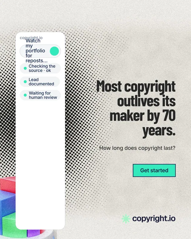 Instagram portrait post for copyright.io: "Most copyright outlives its maker by 70 years." Ink sticker style, right layout, light palette in white, grey.