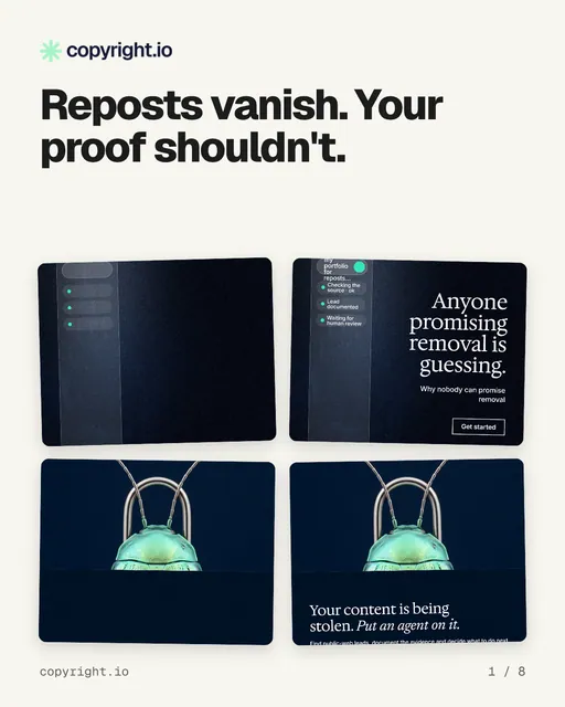 Carousel for copyright.io: "Reposts vanish. Your proof shouldn't.". Collection carousel, 8 slides, light palette.