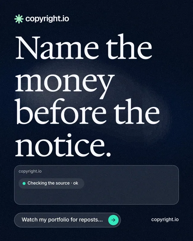 Instagram portrait post for copyright.io: "Name the money before the notice." Thermal style, poster layout, dark palette in blue, black, grey.