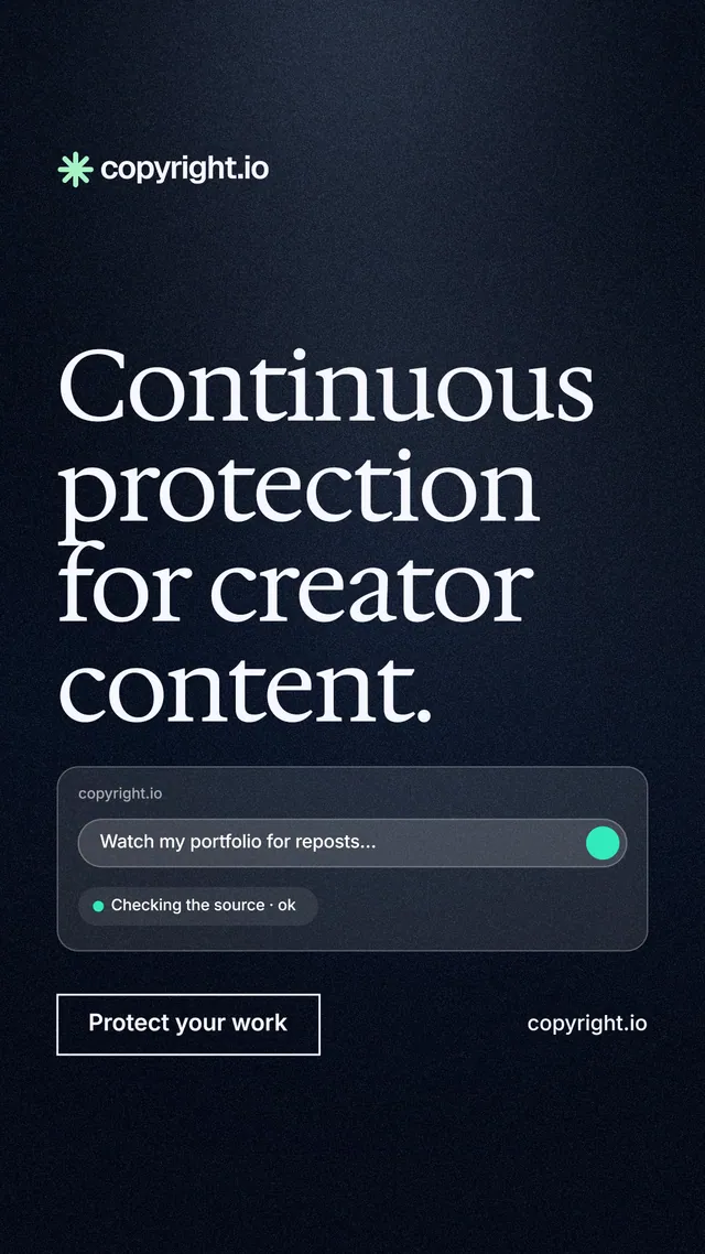 Instagram story for copyright.io: "Continuous protection for creator content." Dark deco style, poster layout, dark palette in blue, black, grey.