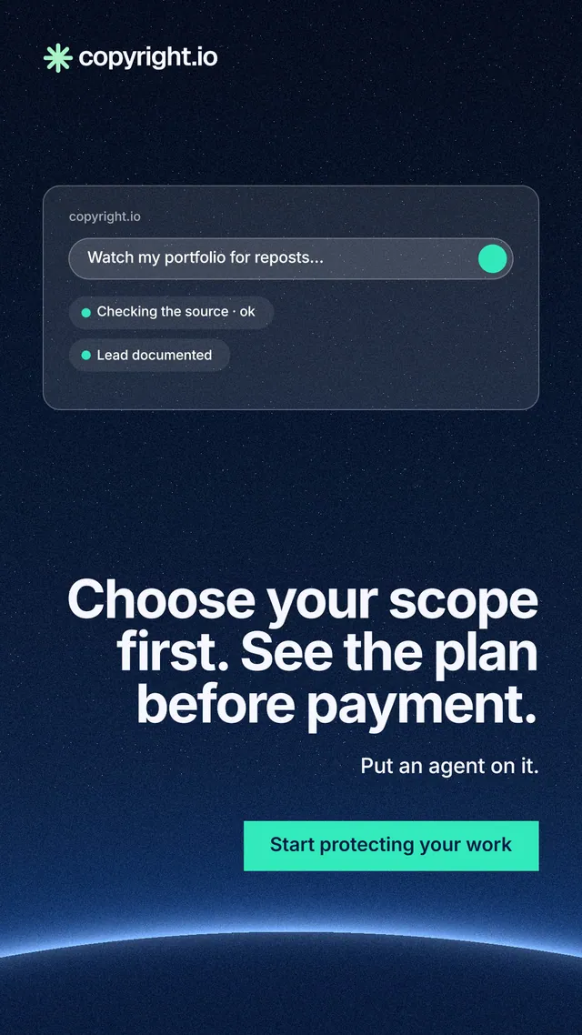 Instagram story for copyright.io: "Choose your scope first. See the plan before payment." Swiss style, right layout, dark palette in blue, black.