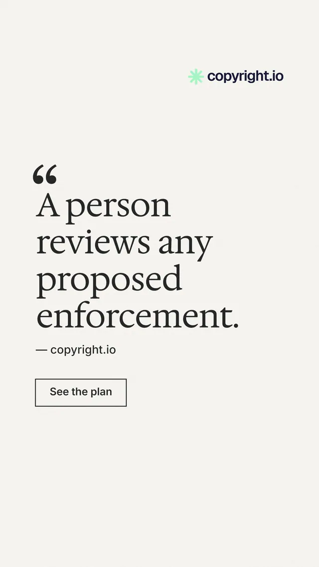 Instagram story for copyright.io: "A person reviews any proposed enforcement." Editorial style, quote layout, light palette in white, grey.