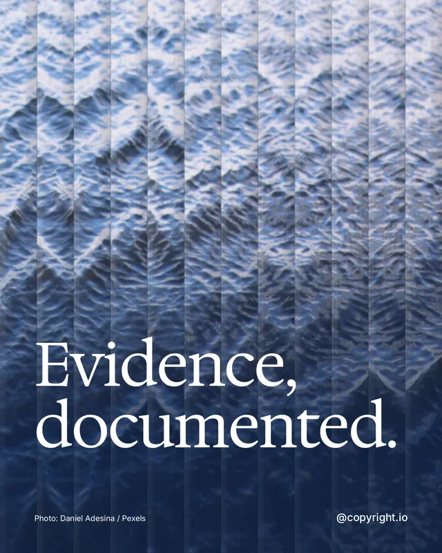 Instagram portrait post for copyright.io: "Evidence, documented." Photo style, technique:fluted glass layout, light palette in blue.