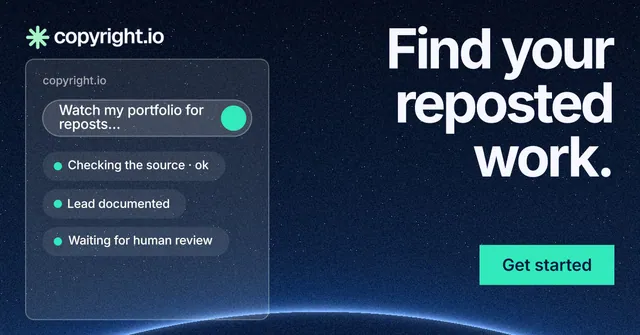 Social ad for copyright.io: "Find your reposted work." Swiss style, right layout, dark palette in blue, black, teal.