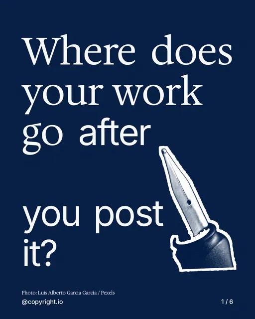Carousel for copyright.io: "Where does your work go after you post it?". Cutout essay, 6 slides, dark palette.