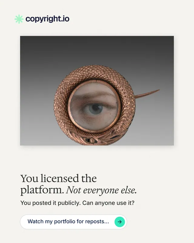 Instagram portrait post for copyright.io: "You licensed the platform. Not everyone else." Agentic glass style, bottom layout, light palette in white, grey.