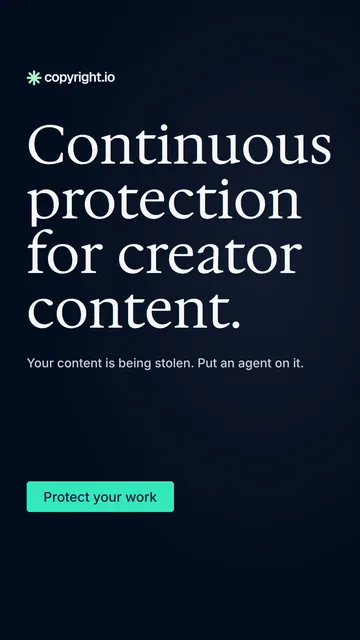 Video for copyright.io: "Continuous protection for creator content.". Doc motion loop, 8.0 s, dark palette.