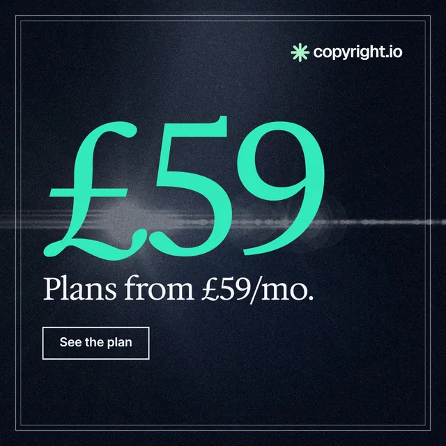 Instagram post for copyright.io: "Your content is being stolen. Put an agent on it." Dark deco style, stat layout, dark palette in blue, black, teal.