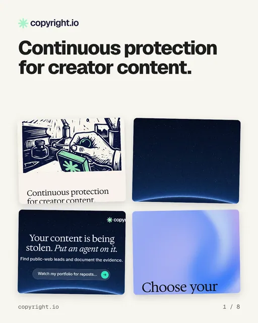 Carousel for copyright.io: "Continuous protection for creator content.". Collection carousel, 8 slides, light palette.