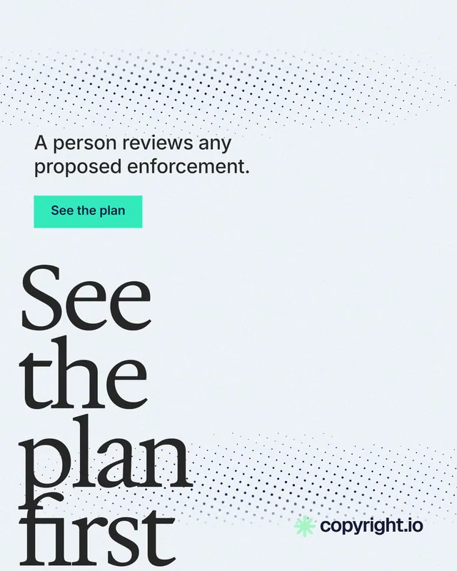 Instagram portrait post for copyright.io: "See the plan first." Swiss style, oversized layout, light palette in white, grey.