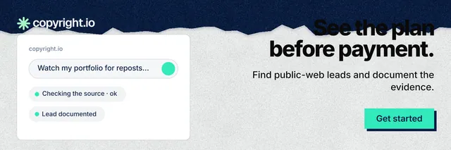 X header for copyright.io: "See the plan before payment." Paper trio style, right layout, light palette in teal, blue, white.