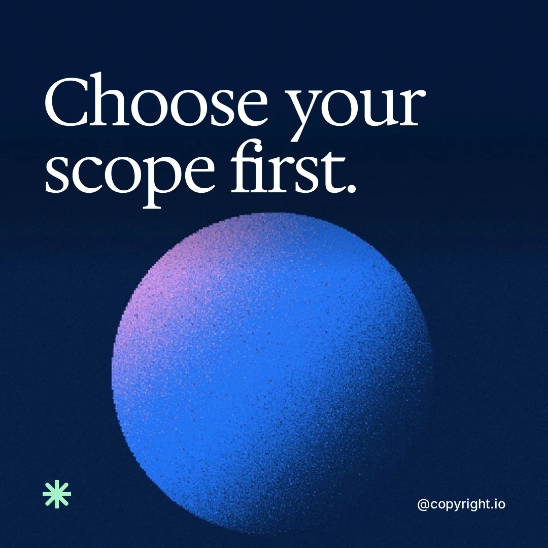 Video for copyright.io: "Choose your scope first.". Shader loop, 6.0 s, dark palette.