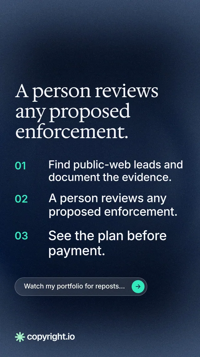 Instagram story for copyright.io: "A person reviews any proposed enforcement." Agentic glass style, numbered layout, dark palette in blue, black, grey.