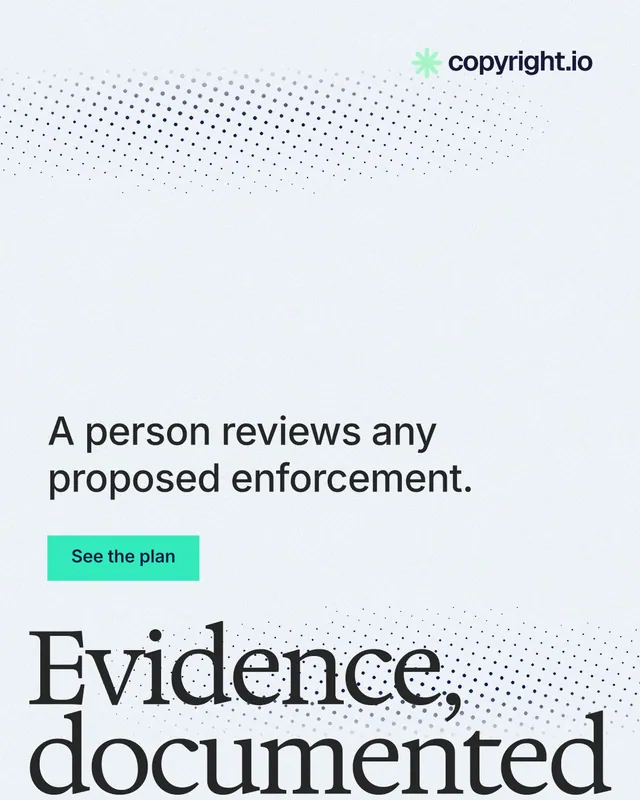 Instagram portrait post for copyright.io: "Evidence, documented." Swiss style, oversized layout, light palette in white, grey.