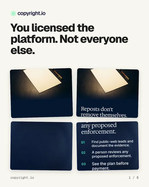 Carousel for copyright.io: "You licensed the platform. Not everyone else.". Collection carousel, 8 slides, light palette.