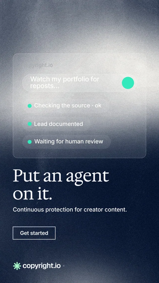 Instagram story for copyright.io: "Put an agent on it." Cyanotype style, bottom layout, dark palette in white, blue, grey.