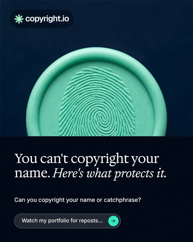 Instagram portrait post for copyright.io: "You can't copyright your name. Here's what protects it." Agentic glass style, bottom layout, dark palette in black, teal, blue.